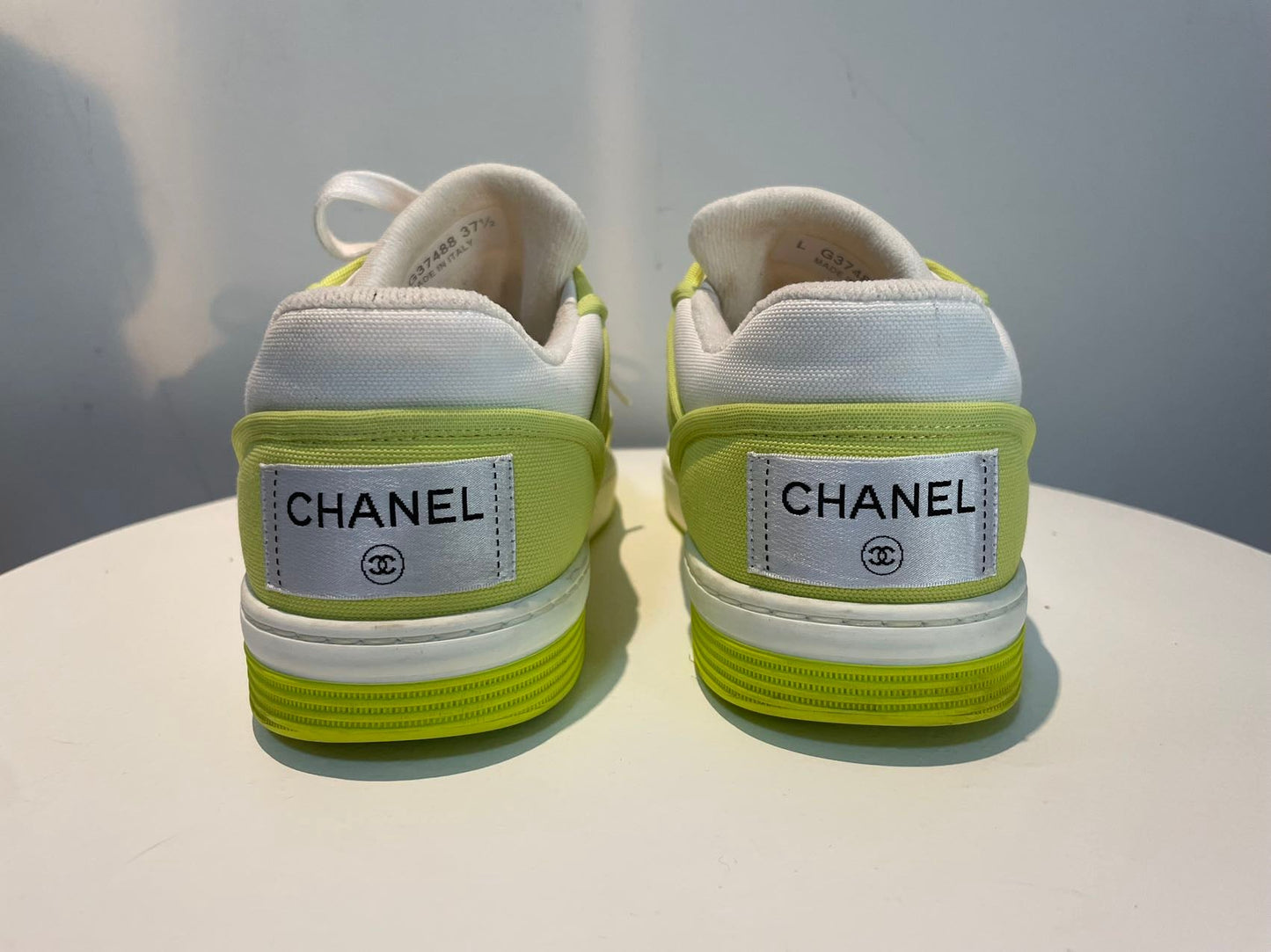 Chanel Fabric Sneakers In Lime yellow color with CC LOGO