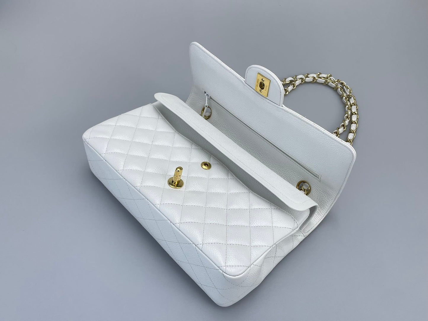 Chanel Medium White Classic Flap Bag in Caviar Leather with Gold Hardware