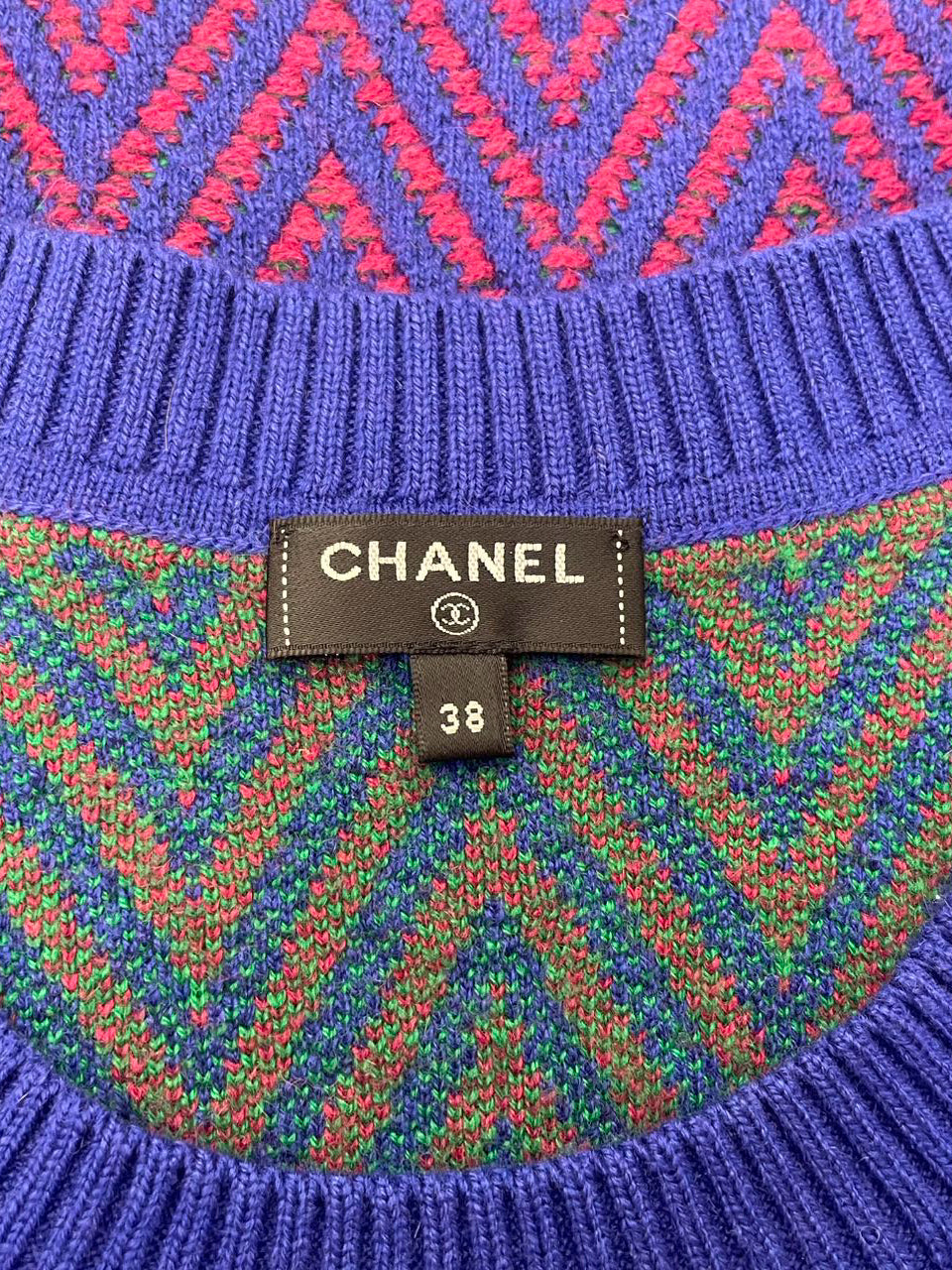 CHANEL 100% cashmere blue red chevron green CC logo  sweater dress FR 38