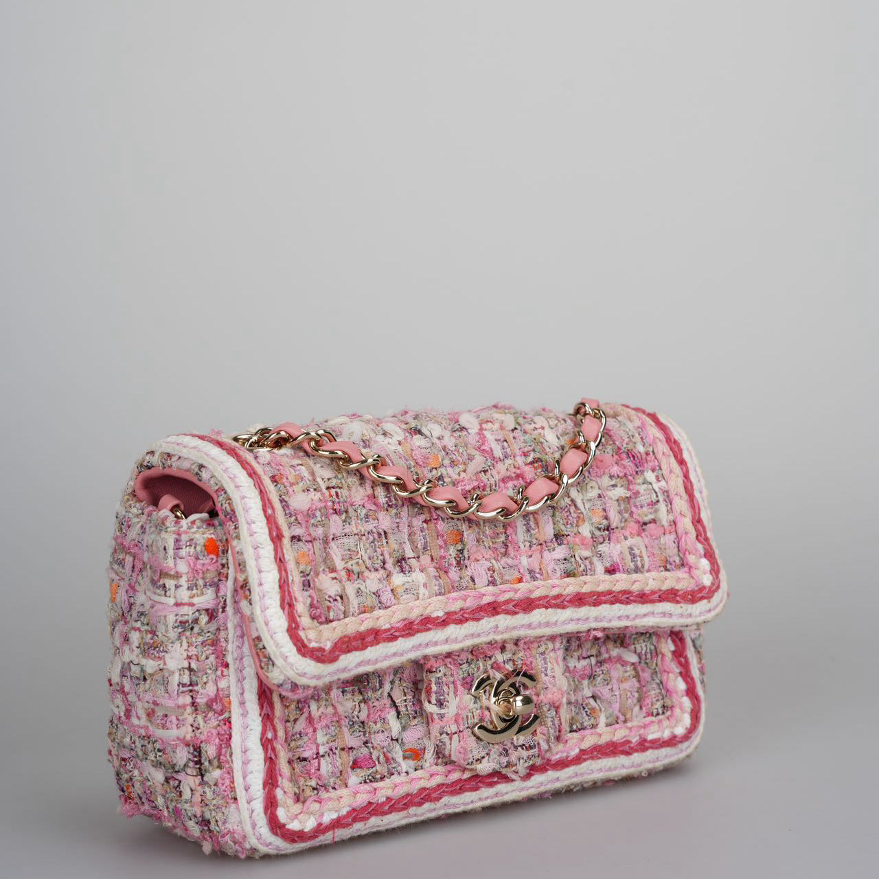 Chanel Timeless Tweed Braid Mini Flap Bag in White and Pink With Gold Hardware