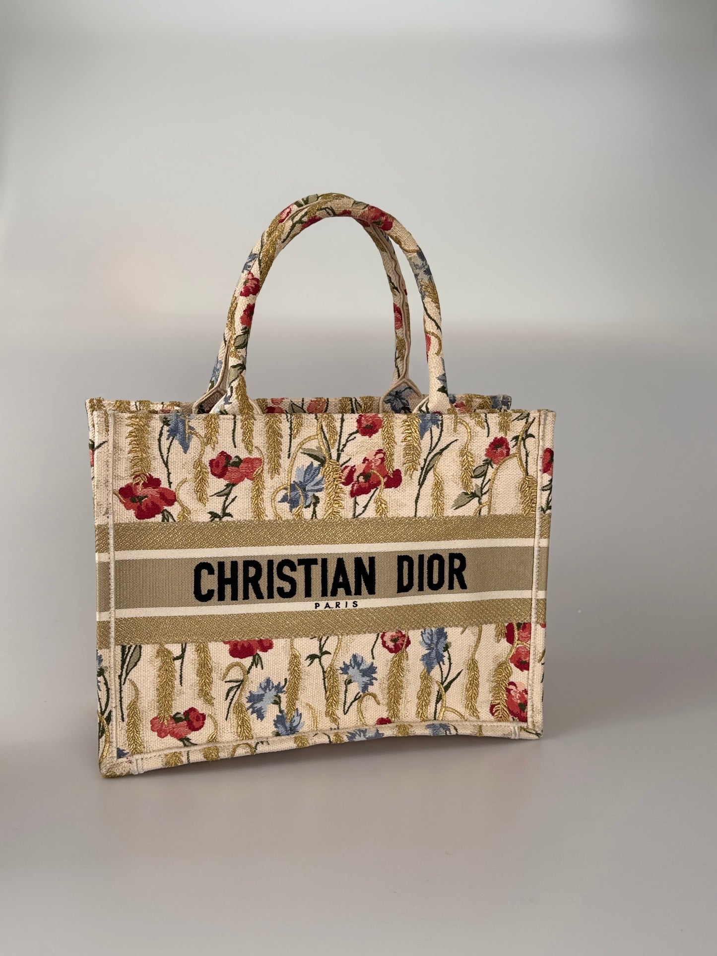 CHRISTIAN DIOR Beige Floral Embroidered Canvas Book Tote Medium