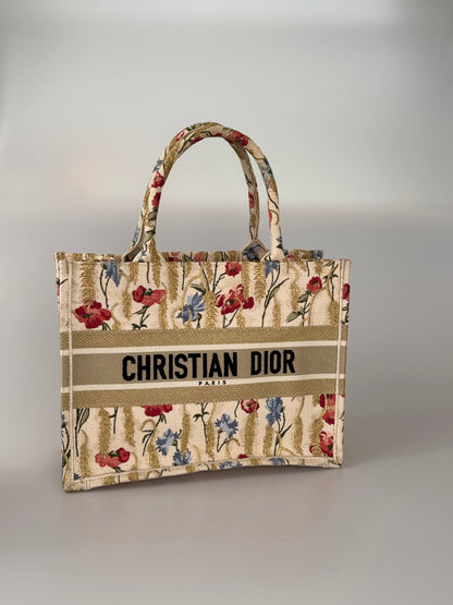 CHRISTIAN DIOR Beige Floral Embroidered Canvas Book Tote Medium