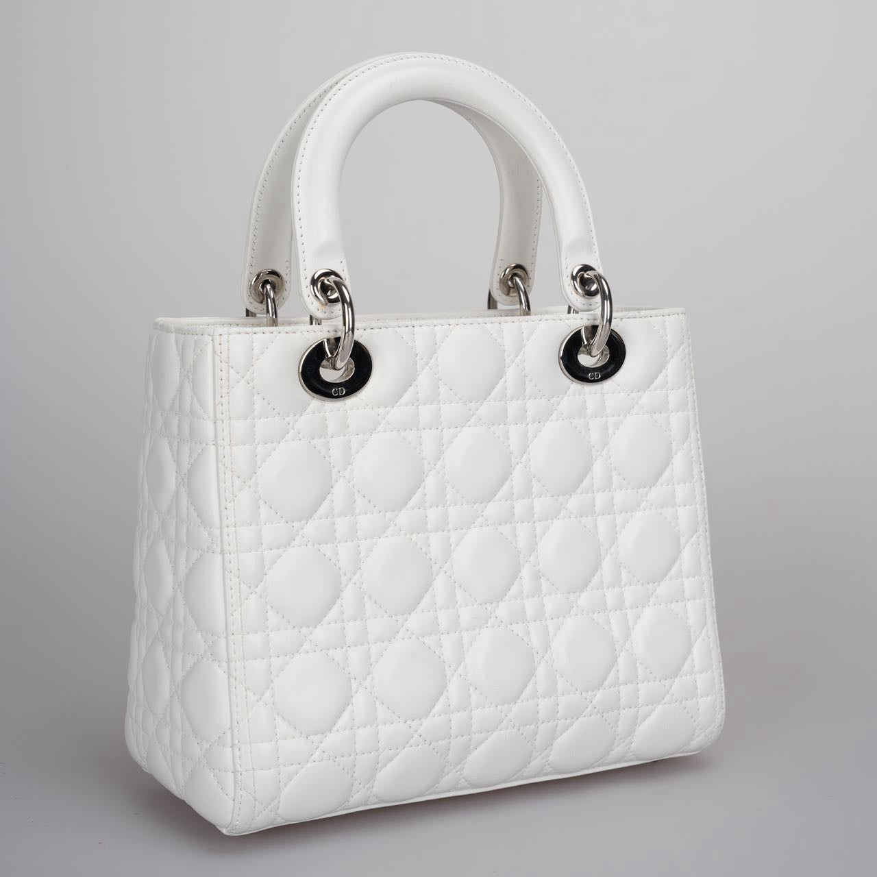 Christian Dior White Medium Lady Dior Bag in Cannage Lambskin Leather with Silver Hardware