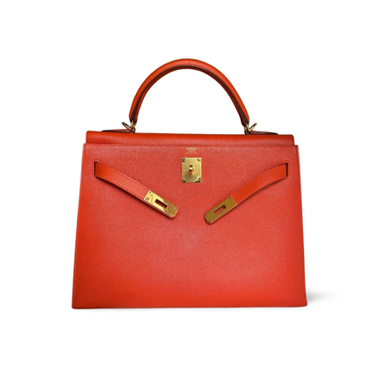 Hermes Kelly Sellier Bag 32 in Orange Epsom Leather With Gold Hardware