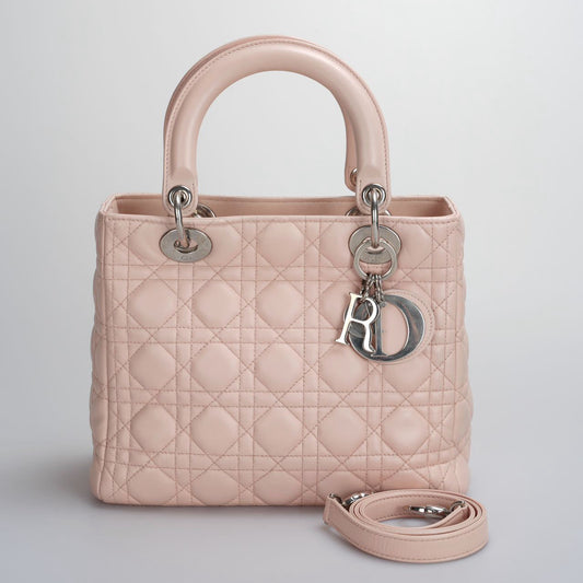 Christian Dior Pink Medium Lady Dior Bag in Cannage Lambskin Leather with Silver Hardware