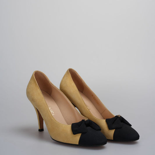 Chanel Beige Black Leather Ribbon Pumps 8cm Size 36.5C