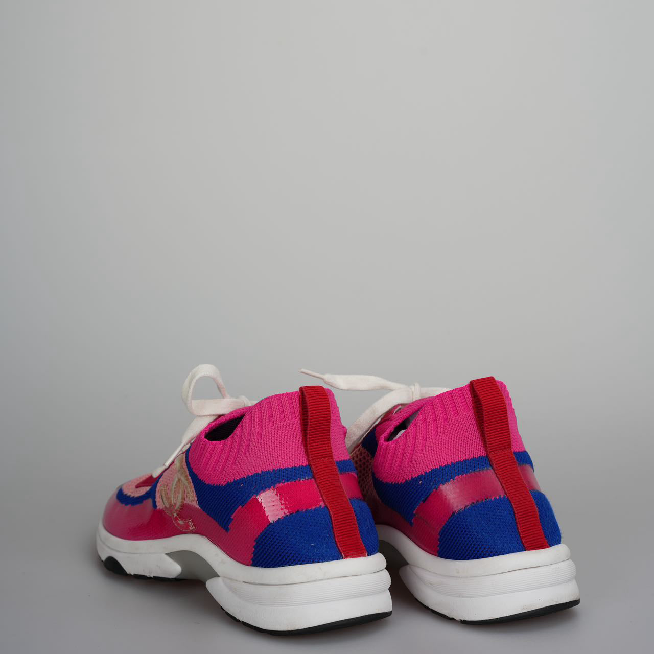 Chanel Fabric Suede Calfskin Stretch CC Sneakers Pink, Red and Blue Size 39