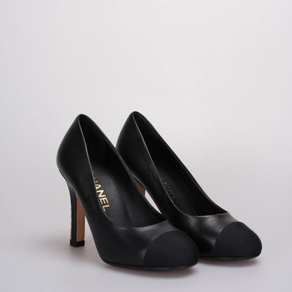 Chanel Lambskin Grosgrain Cap Toe Pumps with Pearl Embellished Heel Black