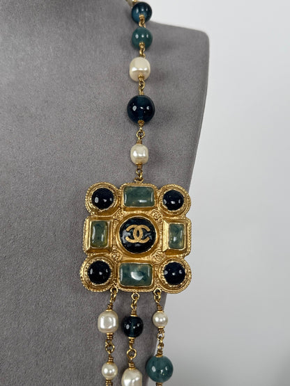 Chanel Blue and White Multi-Beads with Two Gold Cabochons Necklace from 2011 collection