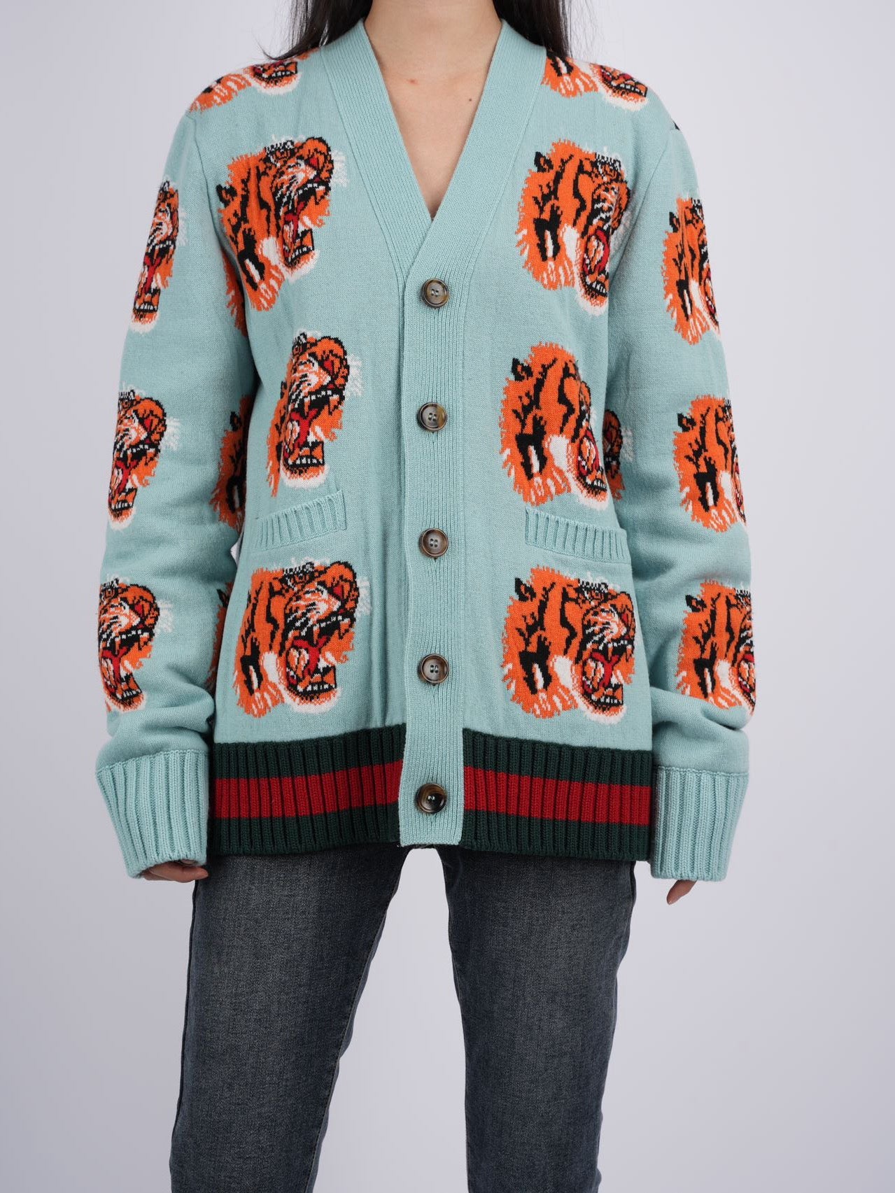 Gucci Tiger Jacquard Wool Cardigan light Blue