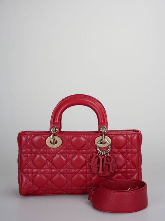 Dior Red Medium Lambskin Cannage Lady D-Joy Bag