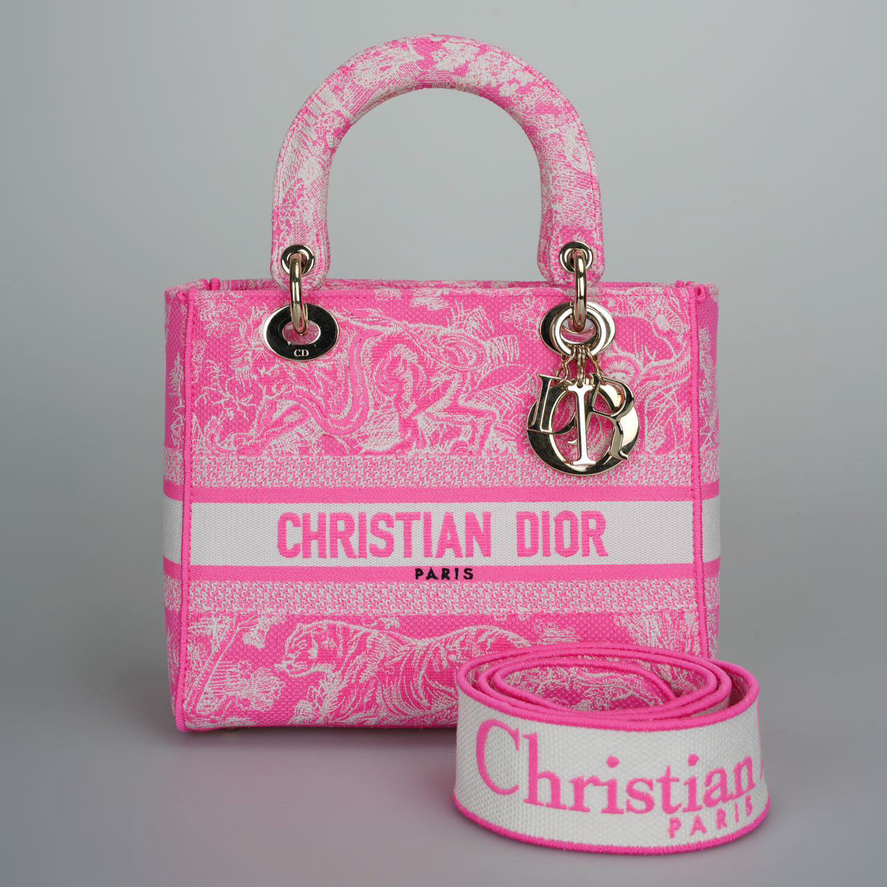 Christian Dior Canvas Toile De Jouy Reverse Embroidered Medium Lady D-Lite in Fluorescent Pink