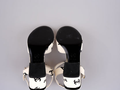 Chanel Printed Lambskin CC Platform Sandals White Black Size 37C