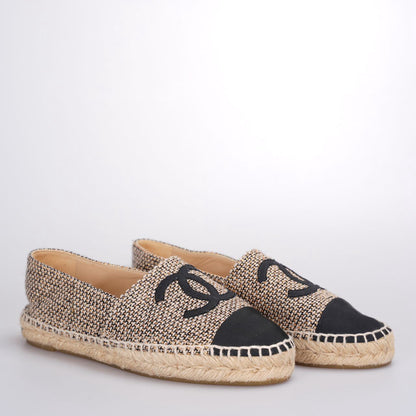 Chanel Tweed Grosgrain CC Espadrilles in Gold Beige Black