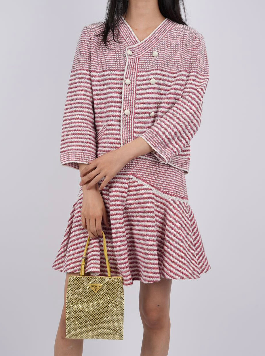 Chanel Pink White Striped Knit Jacket and Mini Skirt Suit