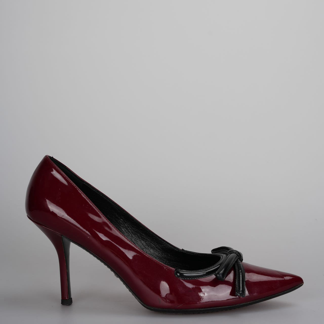 Prada Burgundy Patent Pointed Toe Bow Pumps 40