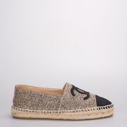 Chanel Tweed Grosgrain CC Espadrilles in Gold Beige Black