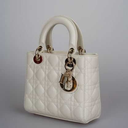 Christian Dior Small Lady Dior Bag in White Cannage Lambskin Leather with Gold Hardware