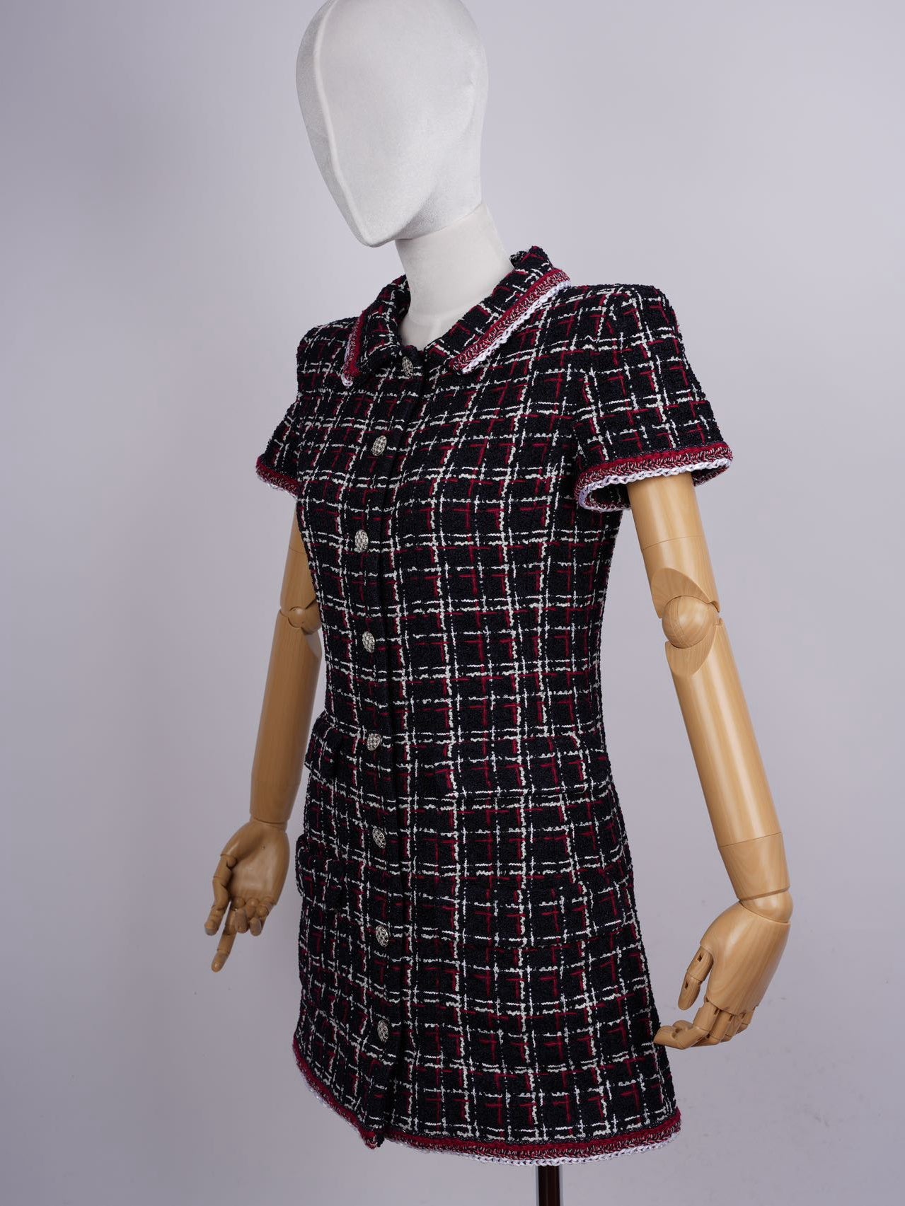 Chanel Checkered Tweed Short Sleeve Mini Dress Size 36 in Blue/Red