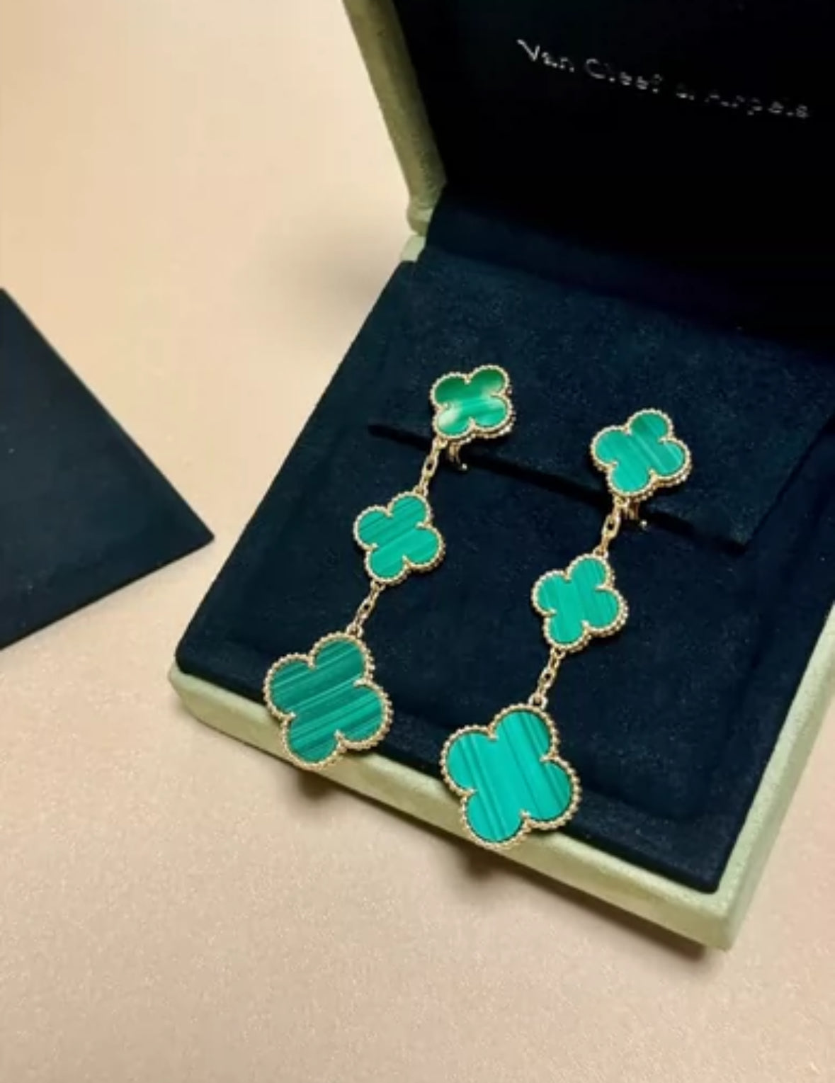 Van Cleef & Arpels Alhambra 3 Motif Earrings in 18K Gold and Malachite