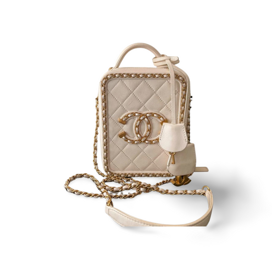 Chanel White Vanity Case Bag in Lambskin Leather