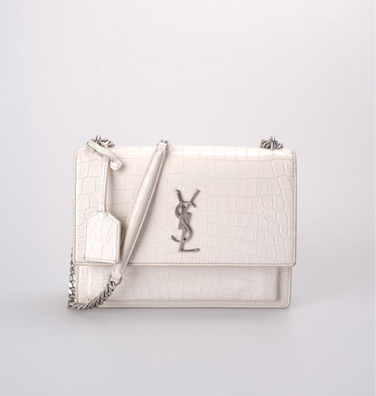 Saint Laurent YSL Sunset Medium Crocodile Embossed Leather Bag in Ivory