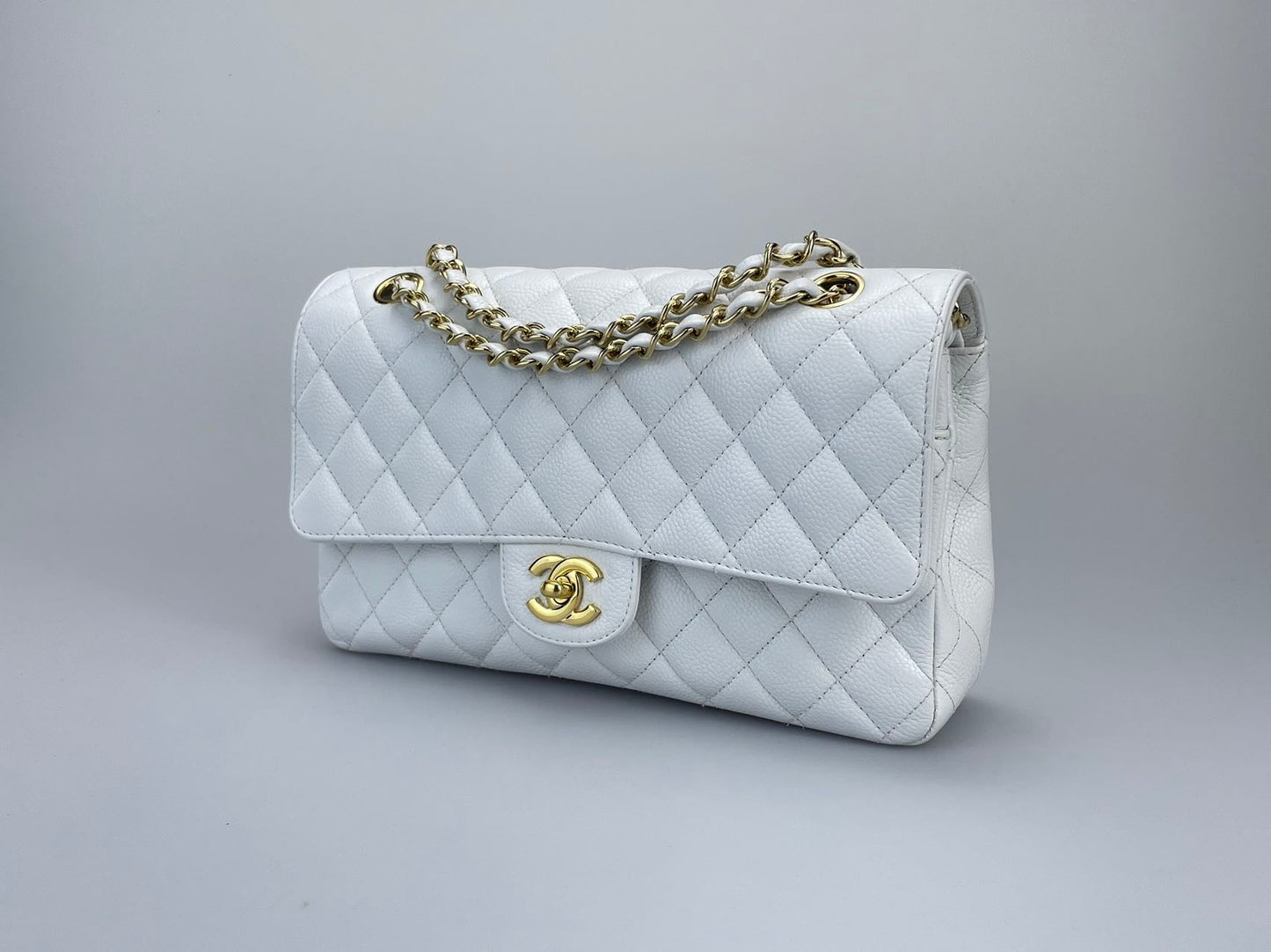 Chanel Medium White Classic Flap Bag in Caviar Leather with Gold Hardware