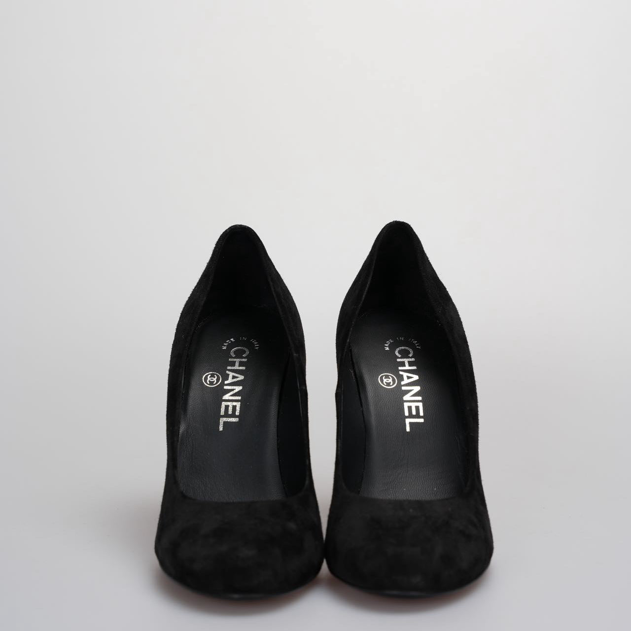 Chanel Black Suede Stilettos with Chanel Logo Engraved on Heel 36.5C