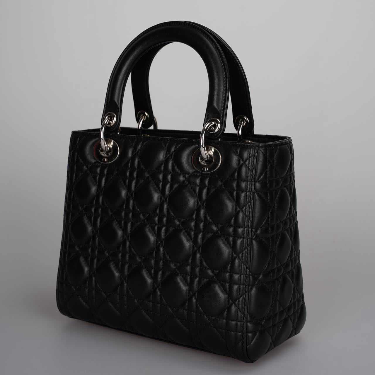 Christian Dior Black Medium Lady Dior Bag in Cannage Lambskin Leather with Silver Hardware