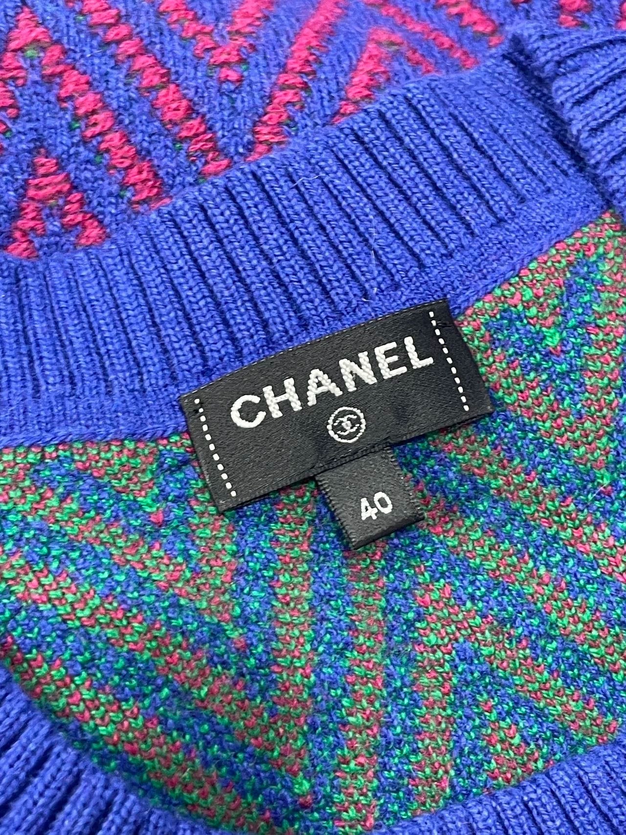 Chanel blue red cashmere dress with CC logo 40