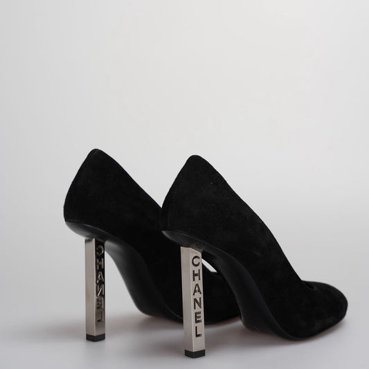 Chanel Black Suede Stilettos with Chanel Logo Engraved on Heel 36.5C