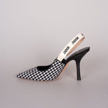 Christian Dior Wool Ribbon Houndstooth J'Adior Slingback 8cm Pumps 38D Black White