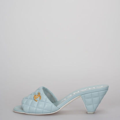 CHANEL Tiffany Blue Lambskin Quilted Textured CC Mules 38.5