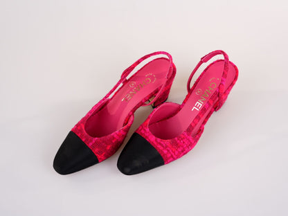 Chanel Pink/Black Tweed and Canvas CC Slingback Pumps Size 36.5C