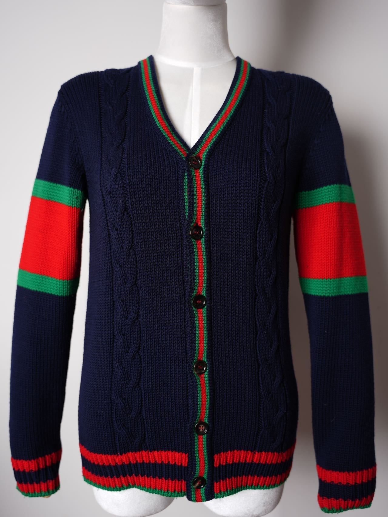 Gucci Blue/Red Oversize Cable Knit Cardigan