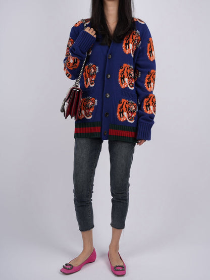 Gucci Tiger Jacquard Wool Cardigan Dark Blue