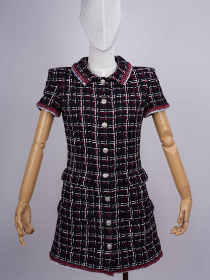 Chanel Checkered Tweed Short Sleeve Mini Dress Size 36 in Blue/Red