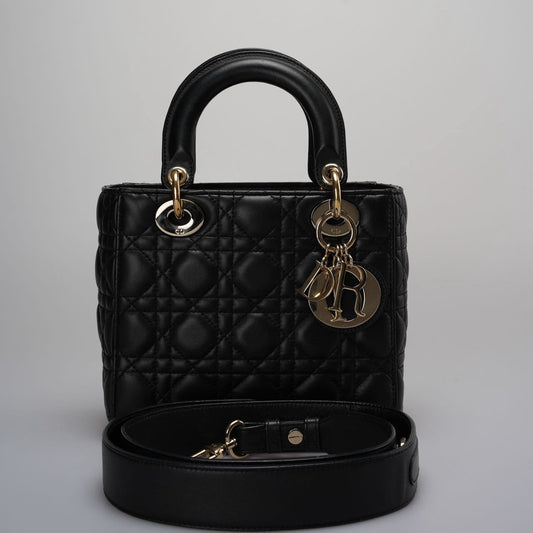 Christian Dior Black Small Lady Dior Bag in Cannage Lambskin Leather with Gold Hardware