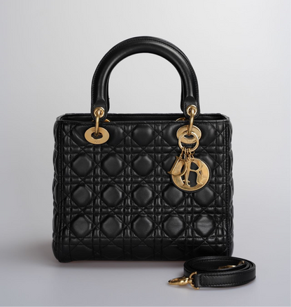 Christian Dior Black Medium Lady Dior Bag in Cannage Lambskin Leather with Gold Hardware