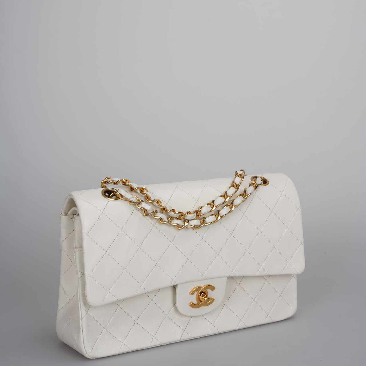 Chanel Vintage Small Timeless Classic Double Flap Bag in White Quilted Leather