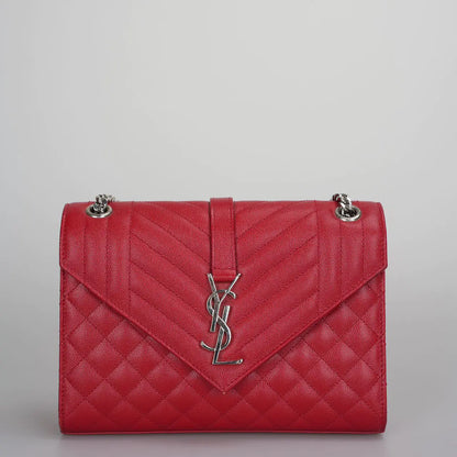 Saint Laurent Red Grain De Poudre Medium Envelope Shoulder Bag