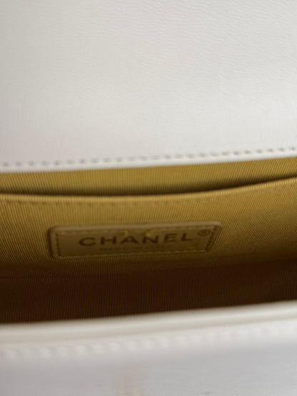 Chanel White Lambskin Boy Bag with Gold Hardware