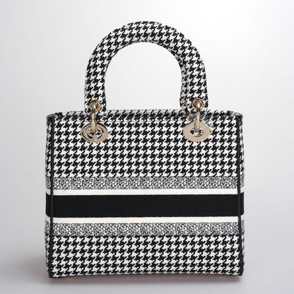 Christian Dior Black White Houndstooth Canvas Medium Lady D-Lite bag