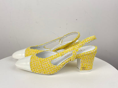 Chanel light yellow tweed slingback pumps with CC logo 37