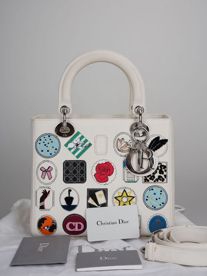 Christian Dior White Leather Lady Dior Bag Patch Embellished Medium