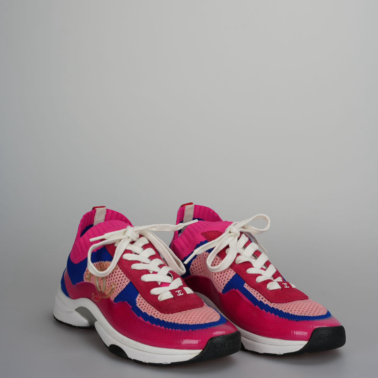 Chanel Fabric Suede Calfskin Stretch CC Sneakers Pink, Red and Blue Size 39