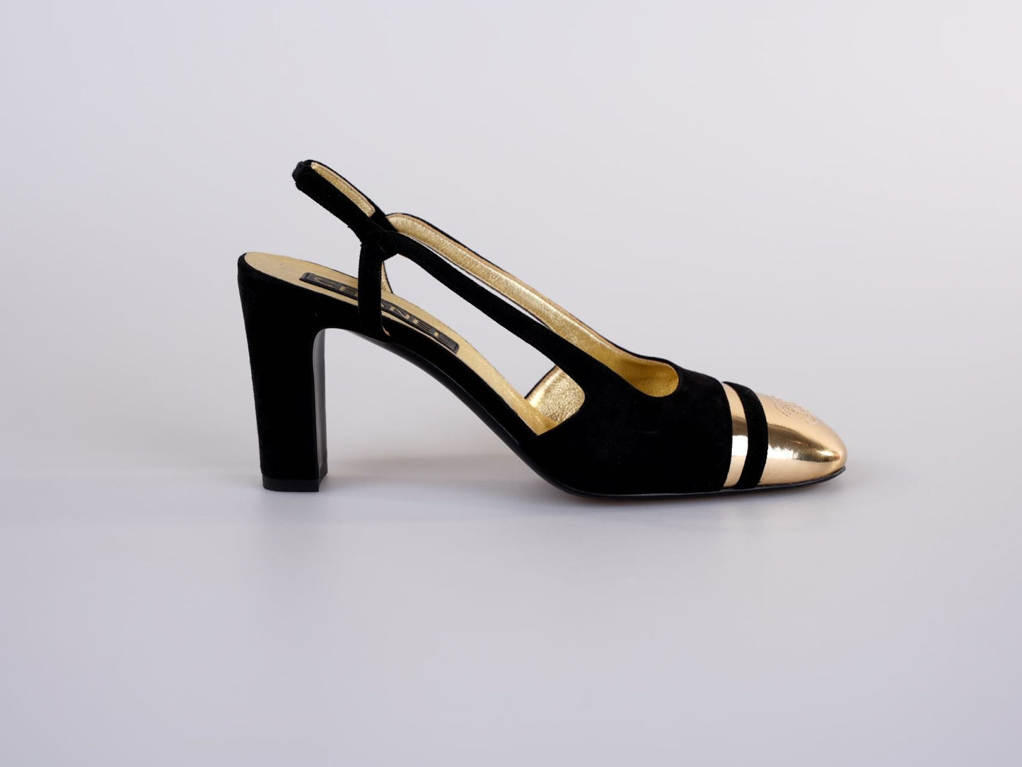 Chanel CC Slingback Heels Black Gold Size 38C