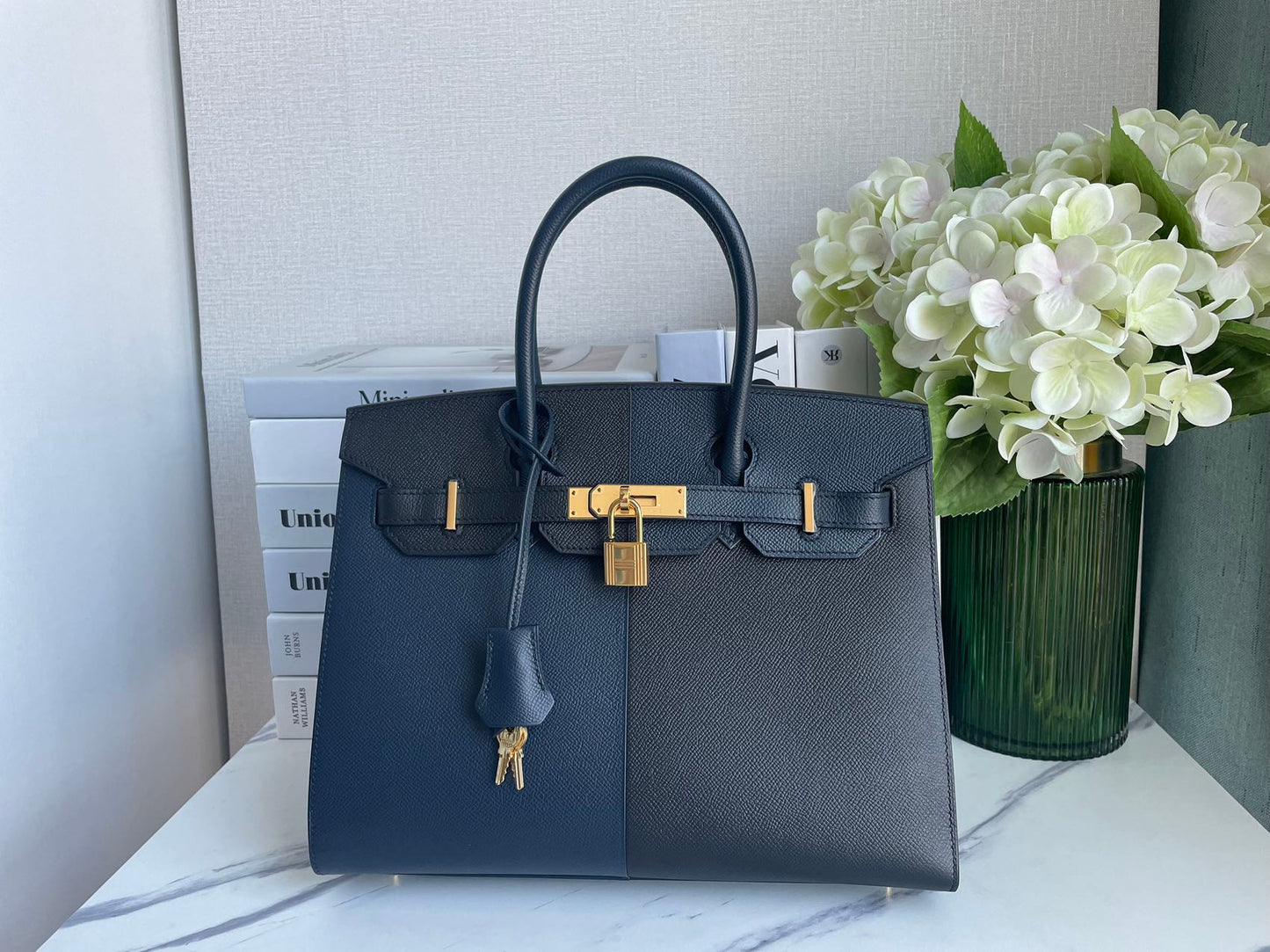 Hermes Birkin Bag 30 in Blue Indigo and Black Epsom Leather with Gold Hardware