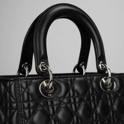 Christian Dior Black Medium Lady Dior Bag in Cannage Lambskin Leather with Silver Hardware