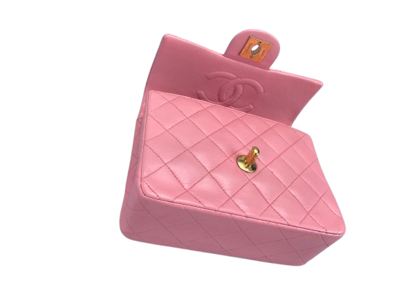 Chanel Vintage  Rose Pink Classic Mini Square Flap Bag in Lambskin  with Gold Hardware